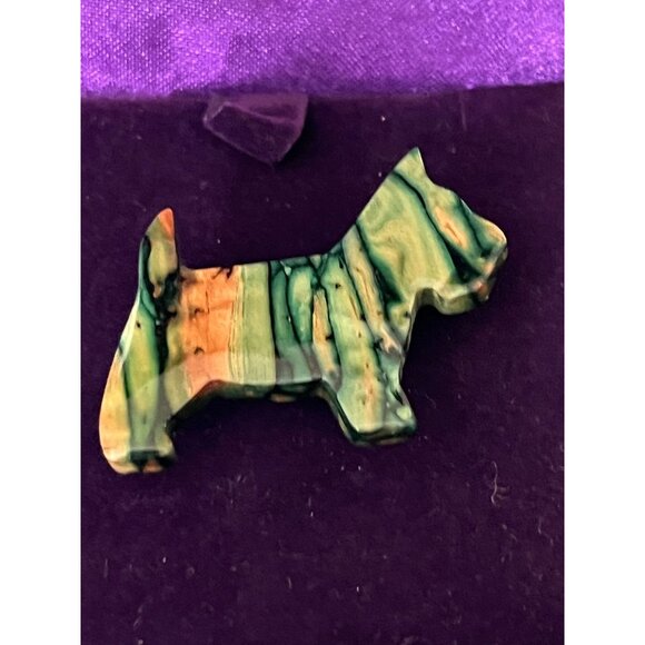 Heather Gems Scottish Terrier Dog Brooch Marbled Green & Brown Handmade Pin Jewe - Picture 2 of 6